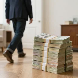a man walking into a room and finding a big stack of cash