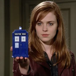 A young woman holding a tiny TARDIS in her hand, tv still from the Doctor Who episode S8E09 'Flatline'