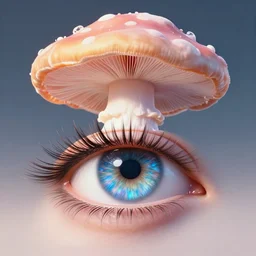 an iridescent beautiful huge minds eye with long eyelashes, exploding mushroom cloud dmt lsd limerence paintbrush jellyfish nervous system suspended in rainbow liquid paint lake on a creative whimiscal alien planet, black paper, obscure, serendipity, gustave darrow, dan mumford, wlop, artgerm, moebius, metatron's cube, symmetrical