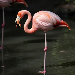 A flamingo with big muscular arms eating an apple, photography, realistic