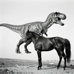 t rex and a horse wearing high heels, anamorphic, strange, black and white, photograph, 1850s