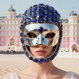 Portrait of an editorial model with Indigo chalcanthite crystal gem reflective helmet mask standing in pastel sand dunes detailed Versace editorial ultra close up photo 105mm f2.8 in The Grand Budapest Hotel