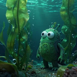 detailed effervescent ocean with large sea kelp and bubbles, an ornate, funny sea monster, creature with large eyes, by maurice sendak, shaun tan, pixar made in hyperrealistic 3 d, octane render, dark green colours, nighttime