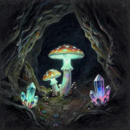 a large cave lit by glowing mushrooms. colorful crystals grow from the ground. drawn with colored pencils, gloomy mood