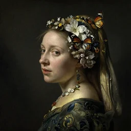 A woman's face in profile, long hair, made of flowers and butterfly, in the style of the Dutch masters and Gregory Crrewdson, dark and moody