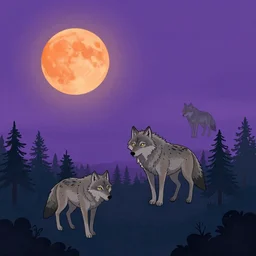 wolves floating above a forest in the purple sky beneath an orange moon, cartoon painting