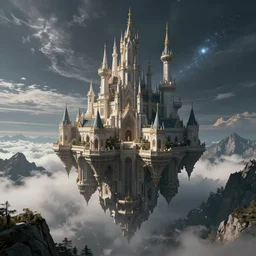 an immense floating castle, in the midst of high mountains, below only cloud dark void, 8 k resolution, artstation trends cosmic light, detailed octane render by simon bisley, beeple, justin gerard