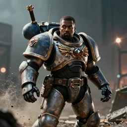 Kanye West as the emperor of humanity from warhammer 40k in Gears of War, splash art, movie still, cinematic lighting, dramatic, octane render, long lens, shallow depth of field, bokeh, anamorphic lens flare, 8k, hyper detailed, 35mm film grain