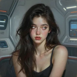 a portrait of a beautiful dark hair sexy waif girl in a futuristic room, white eyes, bored, illustration, soft lighting, soft details, painting oil on canvas by Edmund Blair Leighton and Charlie Bowater octane render, HDR, trending on artstation, 4k, 8k, HD