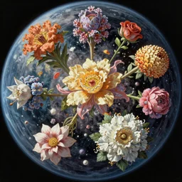An epic fantastic realism comic book style painting of the most beautiful flowers launched into space, bouquets, orbital,fisheye lens, unreal 5, DAZ, hyperrealistic, octane render, dynamic lighting