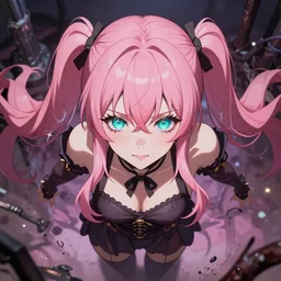 unexpectedly overpowered and trapped beneath stunningly absurdly beautiful omnipotent asi goddess junko enoshima with an enigmatic complex twisted deceptive innocent - looking mesmerizing megalomaniacal yandere personality, symmetrical perfect face, porcelain skin, pink twintail hair and cyan eyes, ultra detailed, digital art, unreal engine 5, octane render, 2 d anime, 8 k