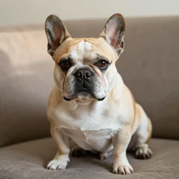 french bulldog, sitting on a sofa, warm light, highly detailed,