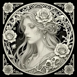 terror of the deep, ominous ethereal portrait, art nouveau, fantasy, intricate rose thorn designs, bones, elegant, highly detailed, sharp focus, vivid colors, art by artgerm, greg rutkowski, rossdraws and lois van baarle, yellow red scheme