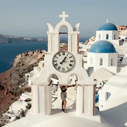 clock city, santorini, fantasy, muted color. precisionism, elsie driggs, peter blume, greg rutkowski