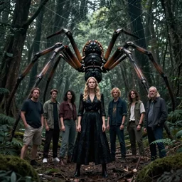 a portrait of a women standing before a giant spider in a dark forest by greg rutkowski, sung choi, mitchell mohrhauser, maciej kuciara, johnson ting, maxim verehin, peter konig, 8 k photorealistic, cinematic lighting, hd, high details, dramatic, atmosphereric, trending on artstation