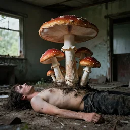 1 9 7 0 s photography, horror, big mushrooms growing over fertile human body in dirty abandoned house