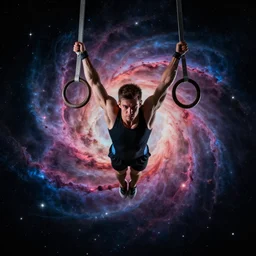 athlete using gymnastic rings, cosmic nebula background, dramatic digital art trending on artstation