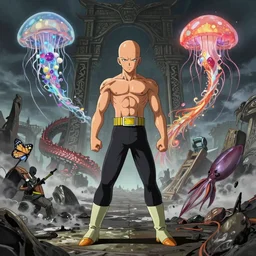 Last standing man Saitama after a big war, apocalyptic, anchient, dystopian, jellyfish phoenix dragon, butterfly squid, very coherent symmetrical artwork, cinematic, hyper realism, high detail, octane render, unreal engine, 8k, Vibrant colors, Smooth gradients, High contrast