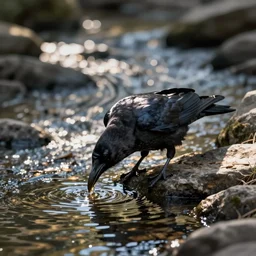 Raven drinking water from a river