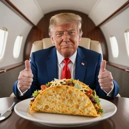 3 d render portrait of tiny donald trump sitting giving two thumbs up behind a big taco bowl in a private jet, 4 k, 8 k, hd, high resolution, highly detailed, intricate detail, ultra realistic faces, digital art, trending on artstation, octane render