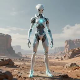 a humanoid alien made of glowing energy wearing sleek advanced but simple armor stands in a vast alien landscape, 8 k cg render, trending on artstation
