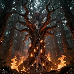 tree of pain in a forest of fire, immense structure, hyperrealist, breathtaking, award - winning, groundbreaking, cinematic, dramatic, concept art, fan art, dark fantasy, lovecraft horror, intricate, digital art, zoomorphic, alien, 8 k, trending on artstation
