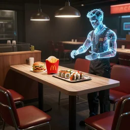 a photorealistic hyperrealistic render of a cyberpunk fast food table with mcdonald's sushi, interior scene by greg rutkowski, wlop, artgerm, holographic waiter, distopic, dramatic lighting, strong shadows, volumetric, cinematic atmosphere, octane render, artstation, 8 k