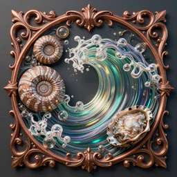 art nouveau cresting oil slick waves, ammonites, abalone, paua shell, hyperdetailed bubbles in a shiny iridescent oil slick wave, ornate copper patina medieval ornament, rococo, organic rippling spirals, octane render