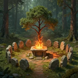 fantasy rpg concept art of A Place Of Healing. A small clearing in the forest is home to a large stone altar. The altar is surrounded by a ring of stones and a circle of standing stones. In the center of the circle stands a tall, slender tree with a single branch that reaches out over the altar. inferno.