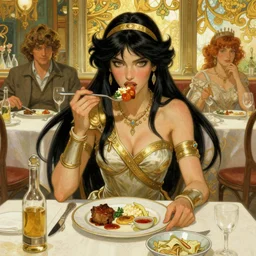 xena warrior princess eating at a restaurant art by artgerm and greg rutkowski and alphonse mucha w 7 6 8