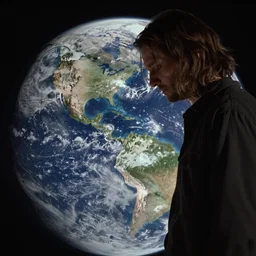 cinematographic shot of a long haired man looking down the earth from the moon