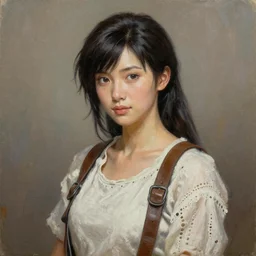 a photorealistic painting of Tifa Lockhart it captures every detail of the artist’s female subject, such as the soft skin, flowing hair, and textured cottagecore clothing. Yasumoto Oka