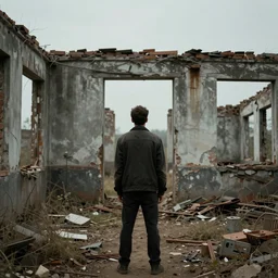 a man standing in the ruins of nostalgia contemplating the meaning of existence