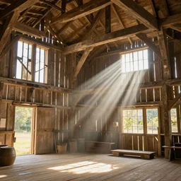 a beautifully lit barn interior, sunlit, rays, intricate, detailed by greg rutkowski