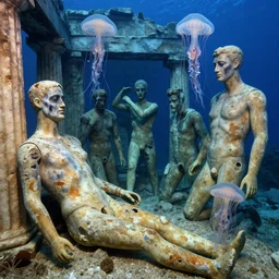 underwater photograph of ancient greek ruins with rotting mannequins and smudged makeup in various poses, elegant jellyfish, exploration, national geographic, volumetric lighting