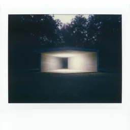 concrete structure in a forest clearing at night, foggy, minimalistic architecture, dark, surreal, open space, light art, james turrel, old polaroid, expired film,