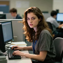 90s cubicle office with computers, people on break