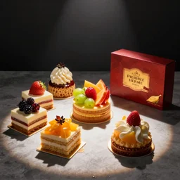so delicious fruits cakes on the table, worm dynamic lighting, pierre herme paris, godiva products photo