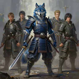 anthropomorphic Azure samurai wolf, DnD character art portrait, oil painting, heroic pose,  magic the gathering artwork, D&D, fantasy, cinematic lighting, centered, symmetrical, highly detailed, digital painting, artstation, concept art, smooth, sharp focus, illustration, volumetric lighting, epic Composition, 8k, art, DeviantArt, trending on Artstation, Jason Felix, Steve Argyle, Tyler Jacobson, Peter Mohrbacher, Akihiko Yoshida, Greg Rutkowski, Craig Mullins, Frank Frazetta, cinematic lighting