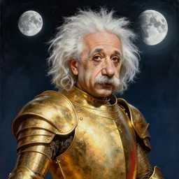 breathtakingly beautiful painting of albert einstein in gold armor, moonlit sky, matte painting by brian froud, shaun tan, wlo and peter mohrbacher, highly detailed, intricate,, award winning artwork, trending on artstation, high quality printing, fine art with subtle redshift rendering