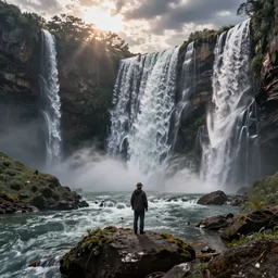 a fisherman approaching the waterfalls at the end of the world, beautiful waterfalls, dramatic lighting, cinematic, establishing shot, extremly high detail, photorealistic, cinematic lighting, post processed, concept art, artstation, matte painting, style by greg rutkowsky