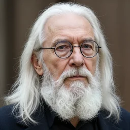 man in his 5 0 s with long white hair, a white chin beard with no mustache and small thin - frame round glasses, no mustache