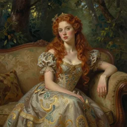 the queen of good vibes sitting by herself on a sofa in a forest, drawn by CloverWorks, intricate detail