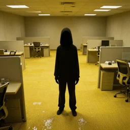 photo of a scary entity in the backrooms, mono - yellow old moist carpet randomly connected infinite empty office space