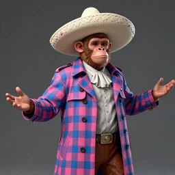 a concept art foreshorting portrait of Stan from Monkey island videogame gesturing with his open arms dressed with a plaid squared Pink and Blue long trench coat and a super wide white mexican hat. cinematic lighting, highly detailed, realistic details, rendered in Octane, cgsociety, 4k, post-processing highly detailed, realistic face, trending on artstation, micro details. by Craig Mullins, Steve Purcell.