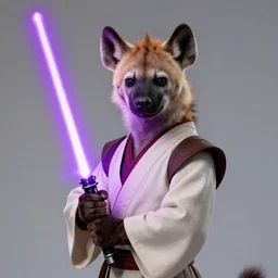 character portrait of a female anthro hyena fursona wearing jedi robes wielding an purple lightsaber in a cyberpunk city at night while it rains. hidari, color page, tankoban, 4K, tone mapping, Akihiko Yoshida.