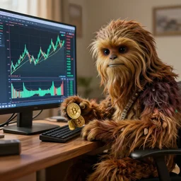 wookiee is comfy at home trading crypto with his cat. the charts are at all time highs, gains, green charts, painting by grant wood, 3 d rendering by beeple, wlop