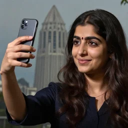 malala yousafzai taking a selfie with a cell phone with el capitan in the background, a macro photograph by elfriede lohse - wachtler, polycount, superflat, adafruit, angular, matte photo