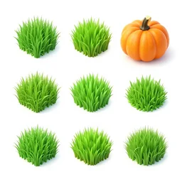 3 d mobile game prop pack is an isometric pumpkin growing from grass but with an organic natural design that is based on different grass items - like plants with grass all inspired artstation stylized nature. around the stair, we can see flowers, grass, bushes. all in isometric perspective and semi - realistic style white background