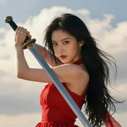 a lone beautiful fierce long black haired woman wearing red dress wielding black longsword posing heroically, heavenly sunlit clouds background, close up shot